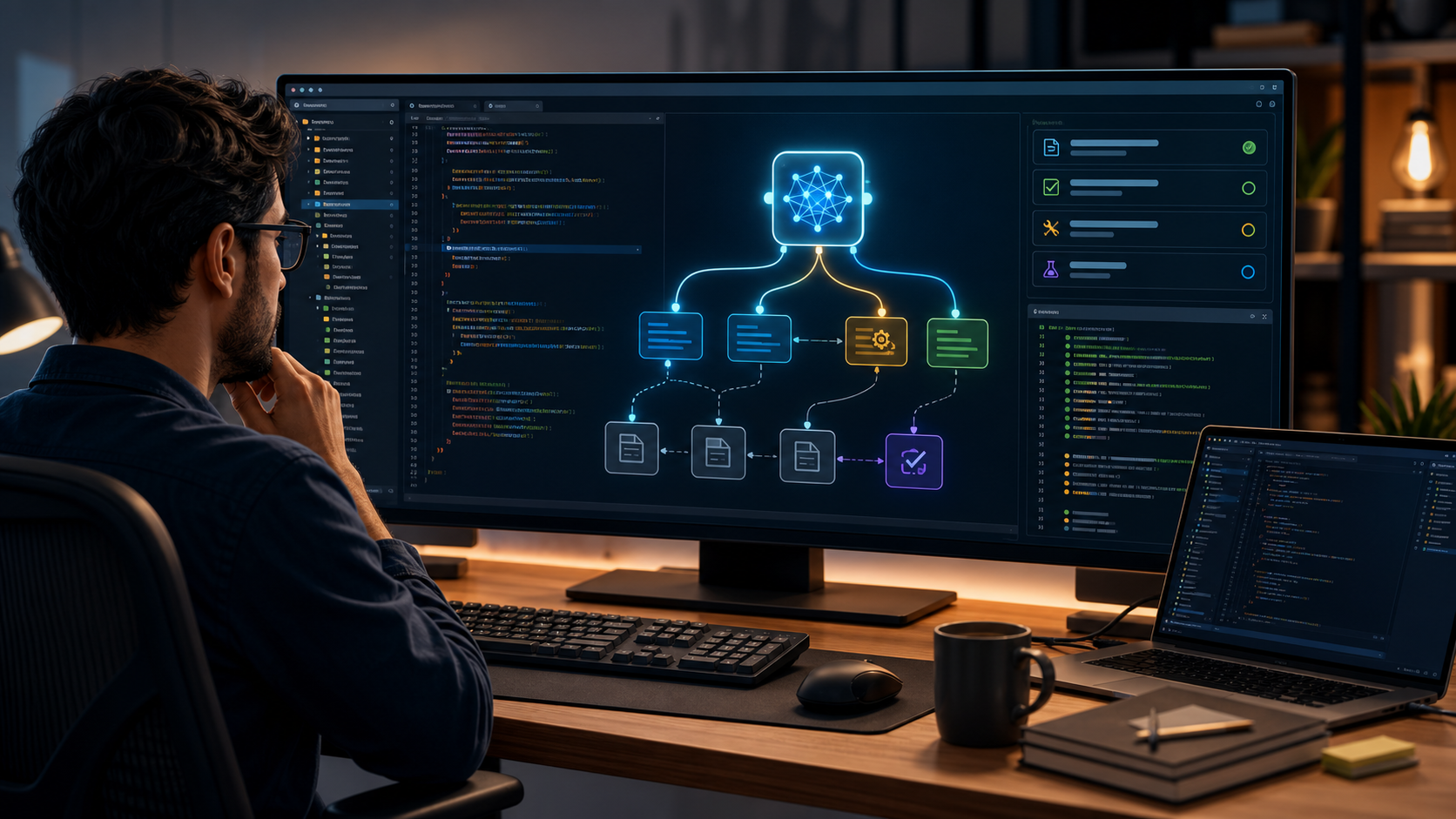 A supervised AI agent workflow connected to project files, code, terminal output, and review checks.