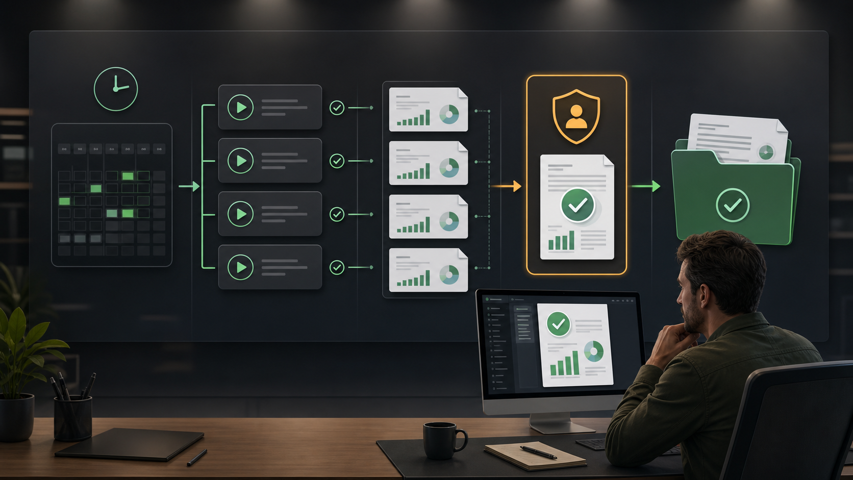 A scheduled automation pipeline producing repeated reports and stopping at a human review checkpoint.
