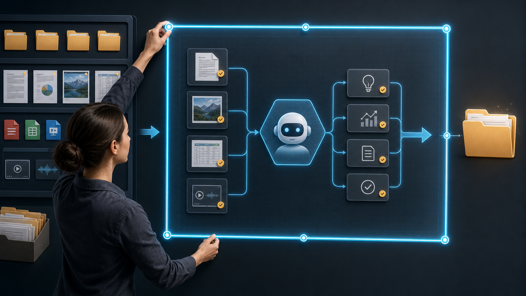A project workspace boundary enclosing inputs, an AI workflow, outputs, and review markers.
