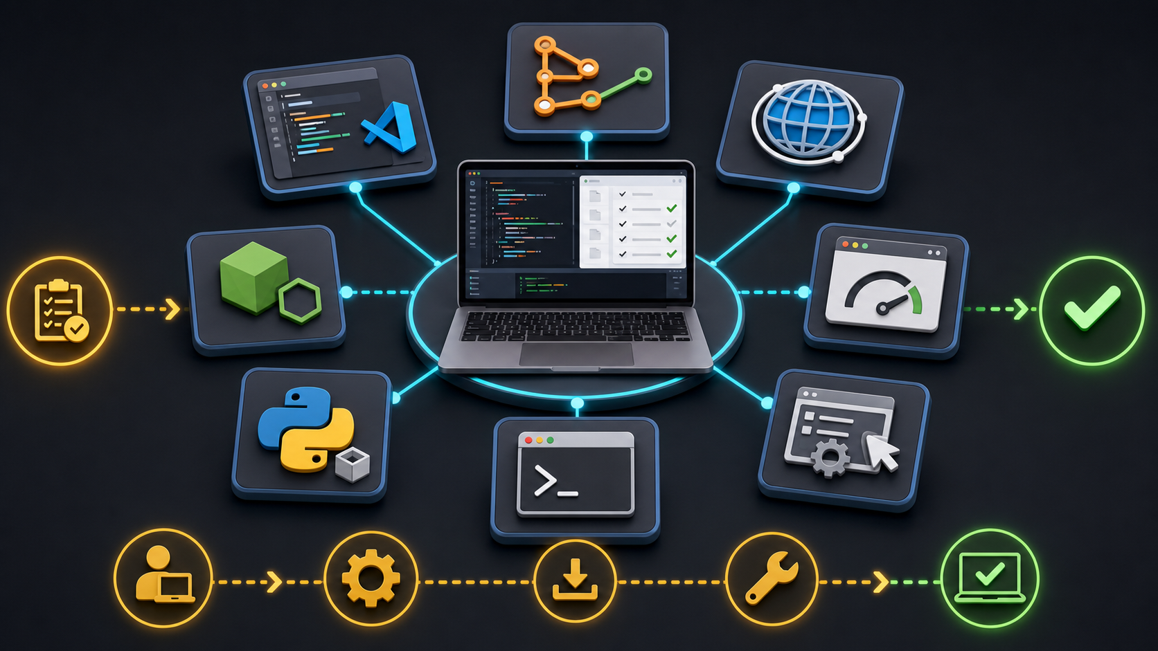 Infographic showing a laptop connected to the core AI Agent workspace tools.