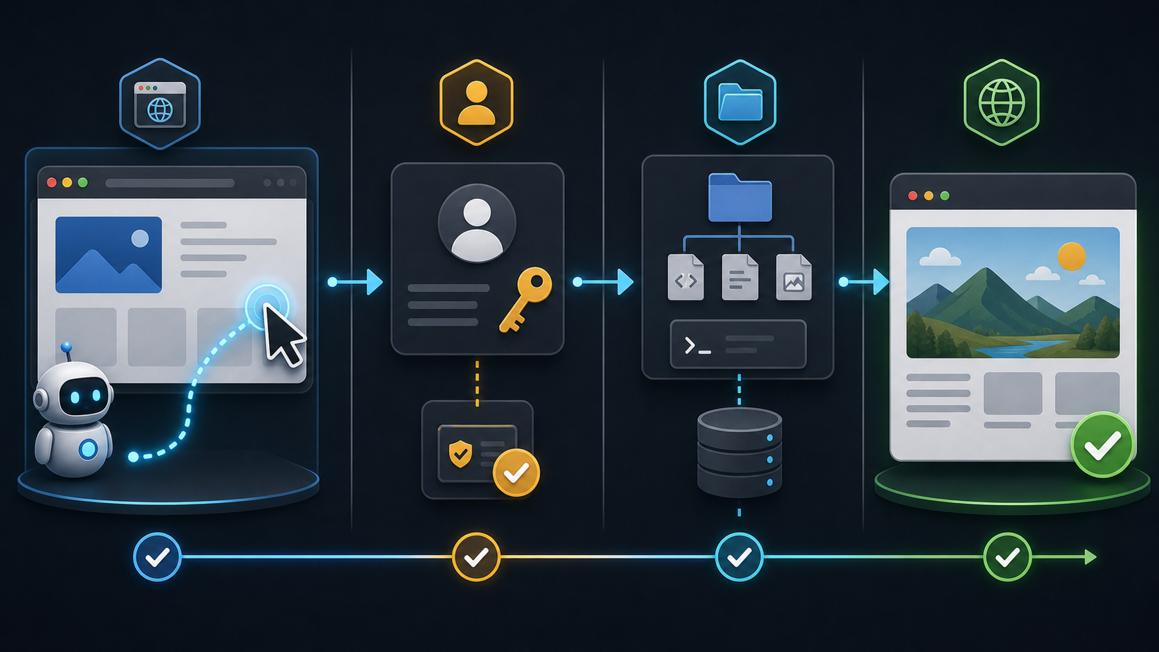 Infographic showing browser control, account authorization, repository sync, and static site publishing.